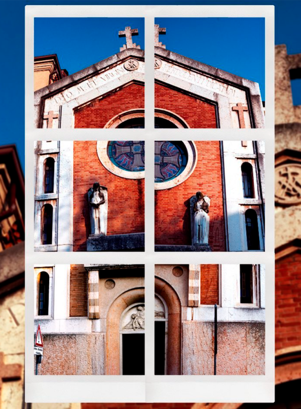 Instant photography collage using 6 instax square photos to create a collage of a evangelical church in Verona